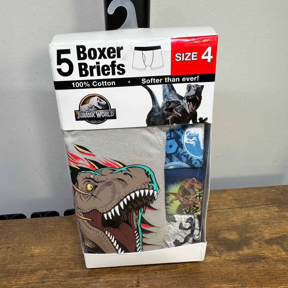 Jurassic World Boys 5 Pack Boxer Briefs Size 4 Cotton Dinosaur T-Rex Blue Raptor